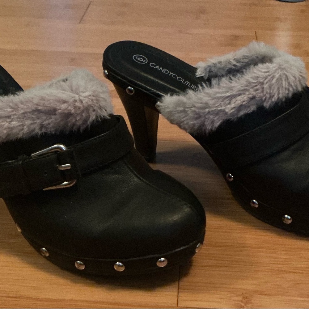 Candy Couture Black Leather Faux Fur Trim Mules